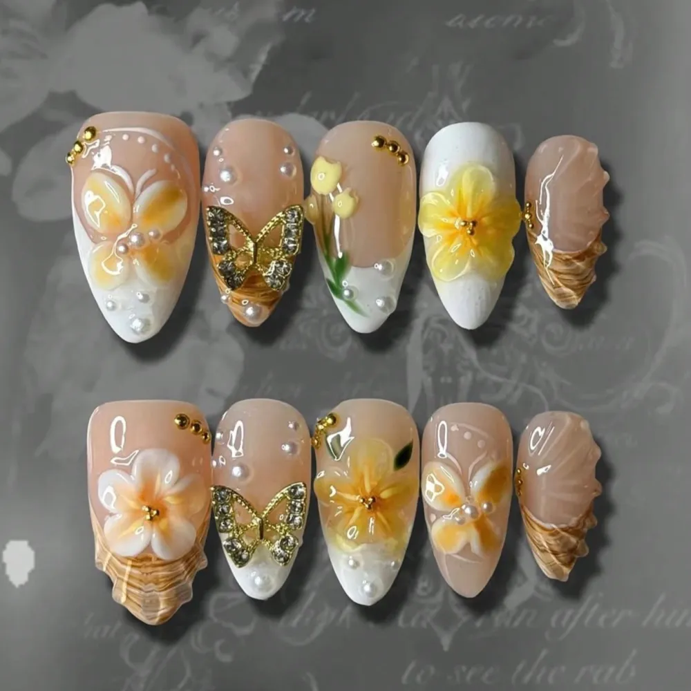 Nailhour 3D Resin Yellow Flower Petal, Butterfly, Wave French Faux Pearl 24Pcs Press On Nails