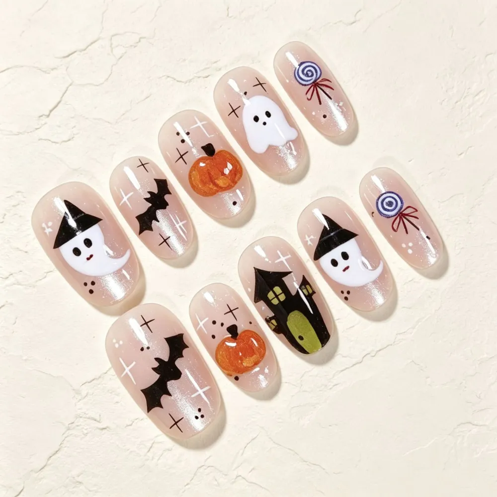Nailhour 30Pcs Halloween Ghost Cute Medium Almond Press On Nails