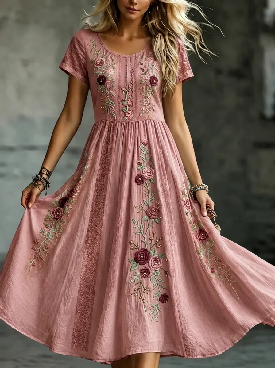 Women's Breast Cancer Awareness Floral Embroidered Printed Dress