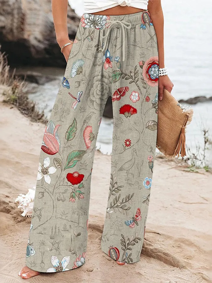 Women'S Casual Floral Art Printed Loose Cotton And Linen Pants