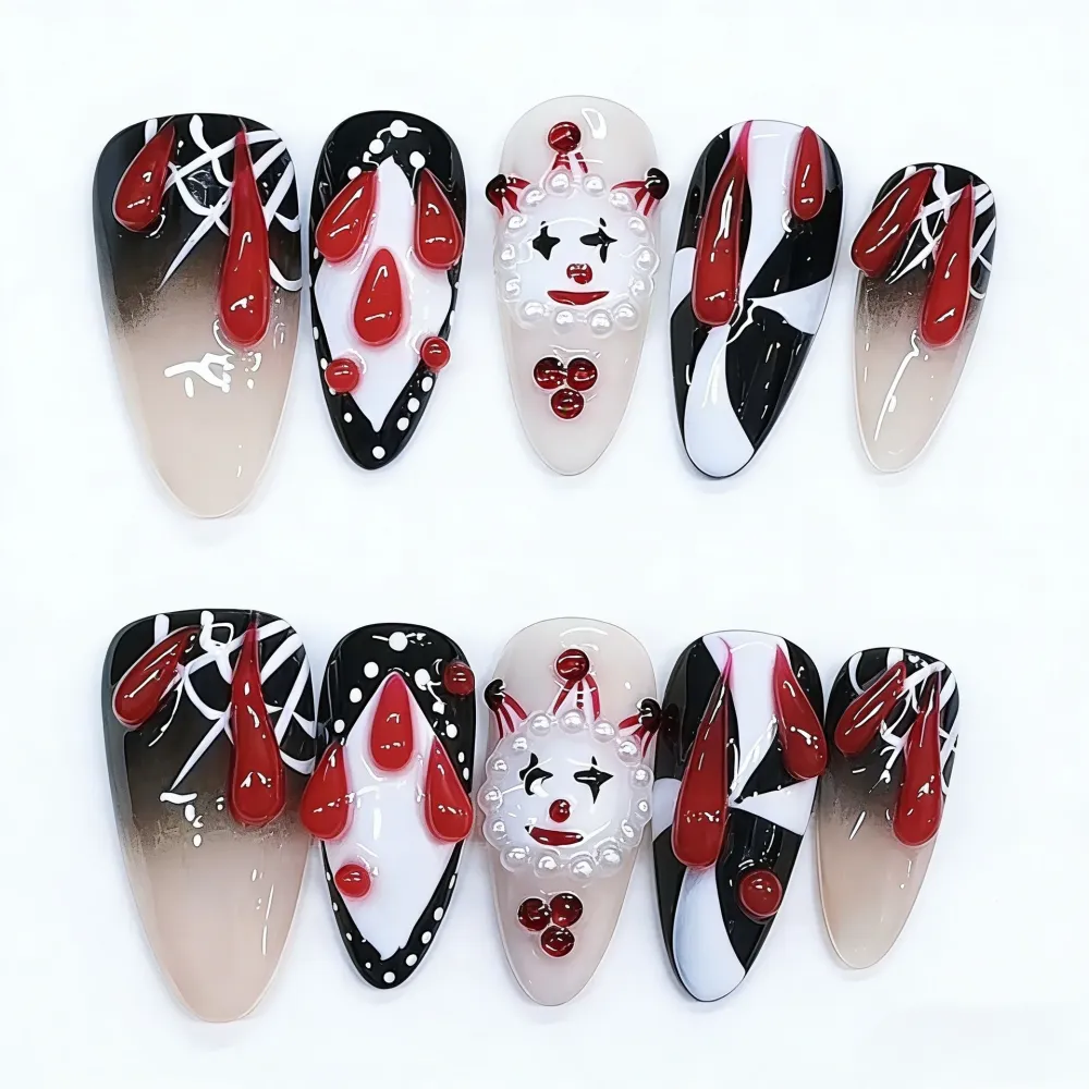 Nailhour 10Pcs Almond Handmade 3D Clown Press On Nails