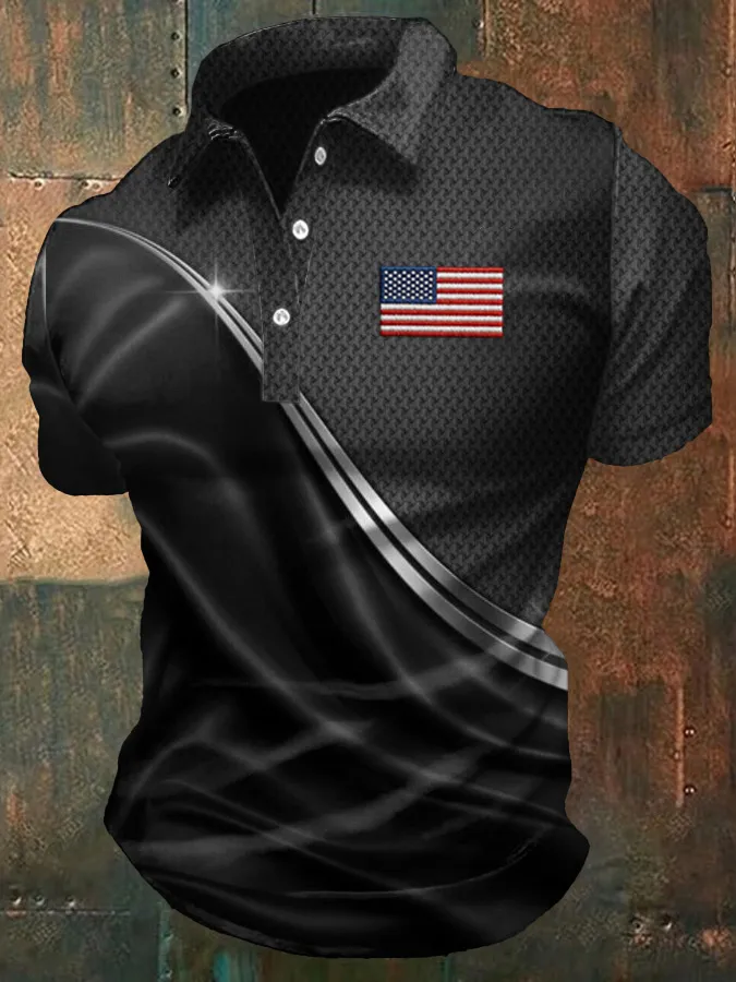Men'S American Flag Print Casual Polo Shirt