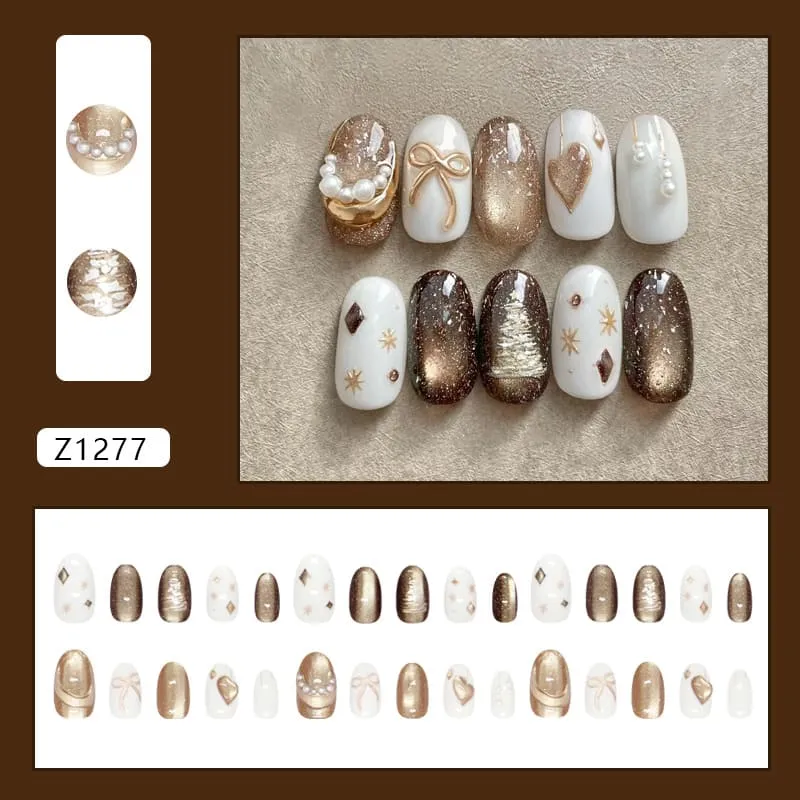 Nailhour 30Pcs Cat Eye Medium Oval French 3D Multicolor Press On Nails