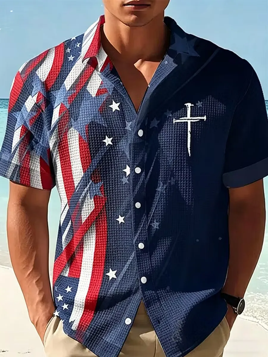 Men'S Stars Stripes American Flag Nail Cross Print Waffle Short Sleeve Shirt