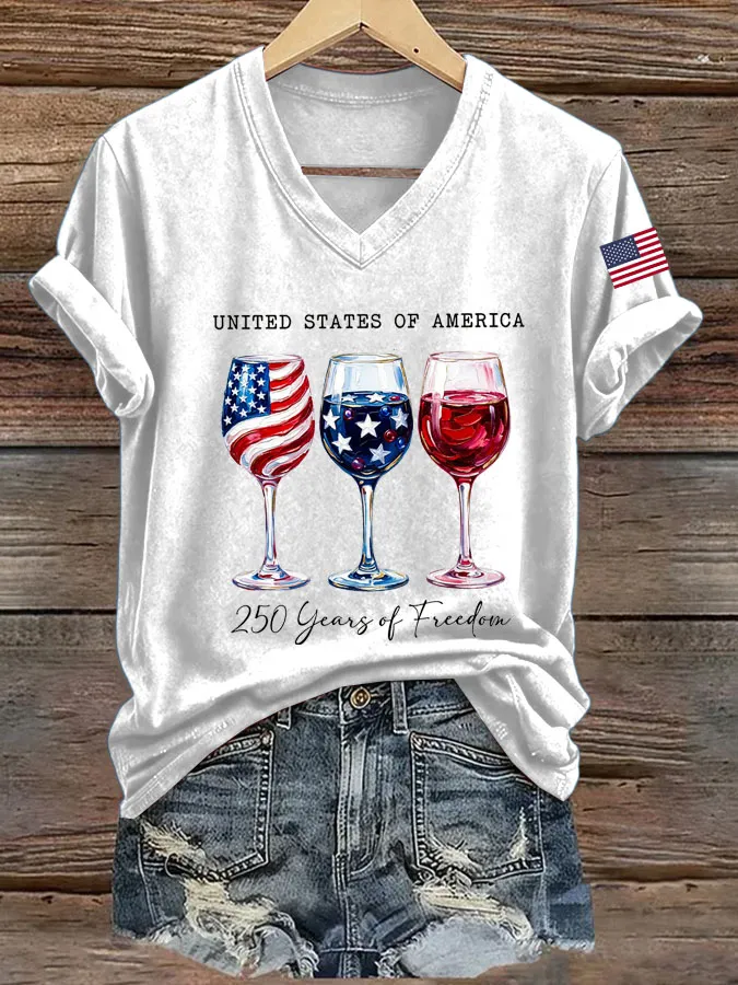 Women's retro flag cross print V-neck short sleeved T-shirt