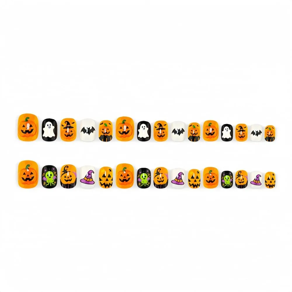 Nailhour 30Pcs Halloween Short Squoval Cute Pumpkin Press On Nails