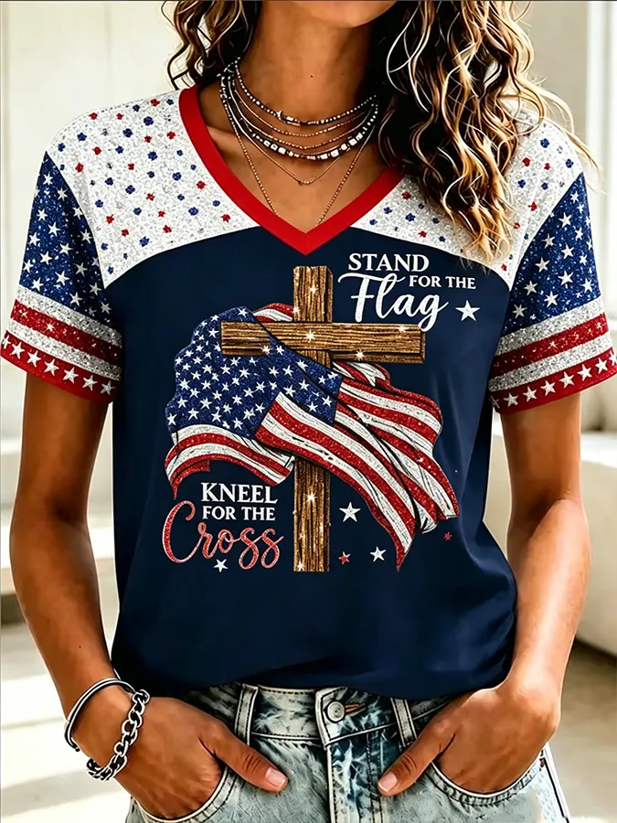 Women's America Flag 250th Anniversary Print V Neck T-Shirt