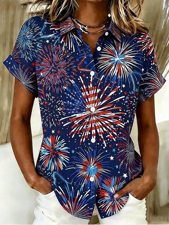 Women's Casual Patriot Cotton Linen Short-Sleeve Button-Up Shirt