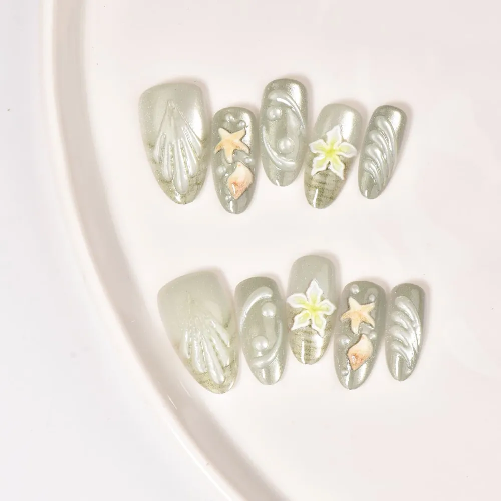 Nailhour 30Pcs Emboss Cat Eye 3D Medium Almond French Press On Nails
