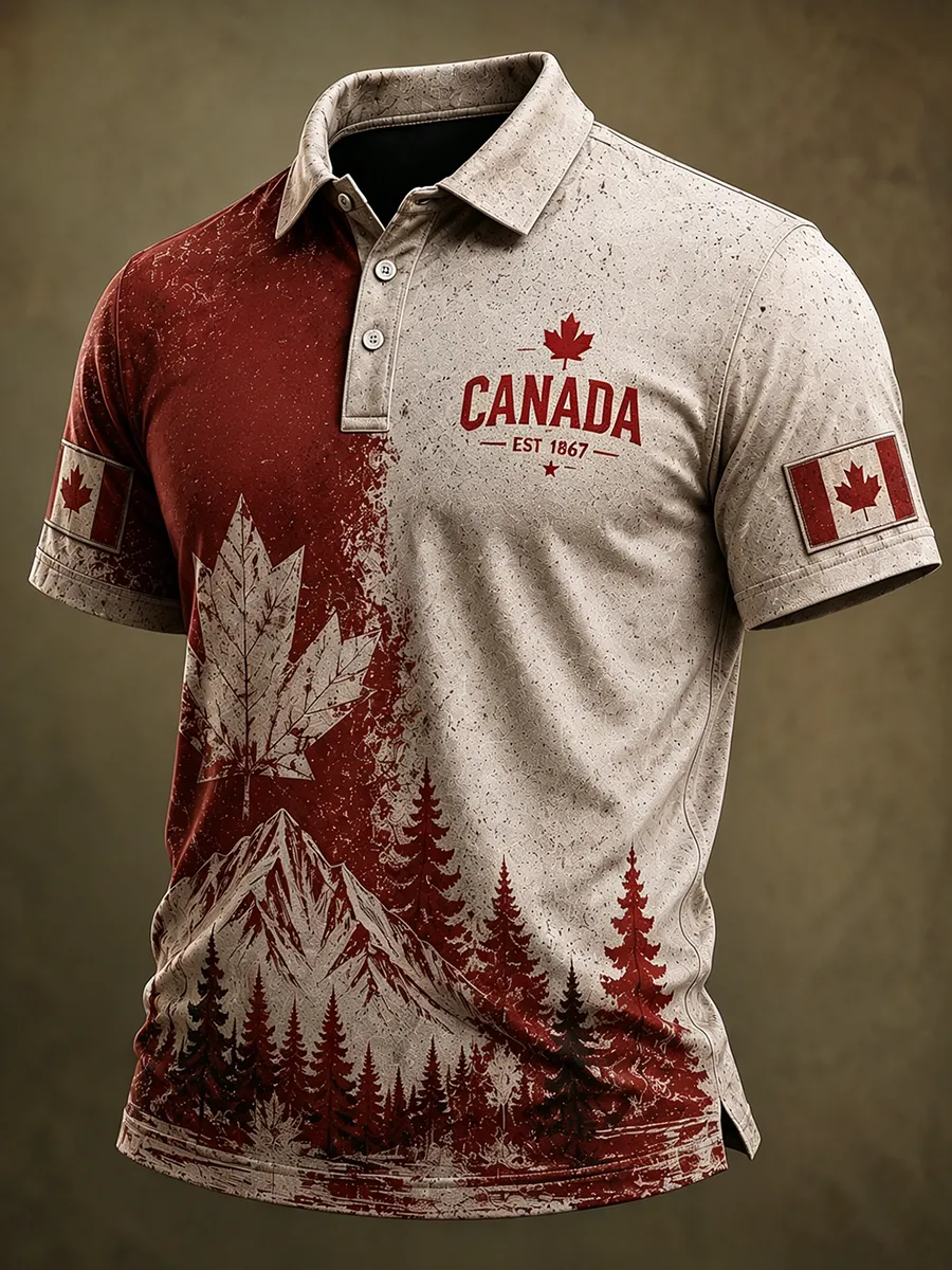 Men's Canada EST 1867 Vintage Flag Print Polo Shirt