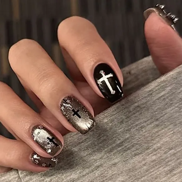 Nailhour 10Pcs Vintage Gothic Rhinestone Glitter Cat Eye Short Square Press On Nails
