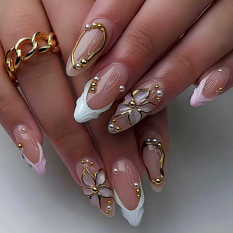 Nailhour Nude Gold Floral 24Pcs 3D French Press On Nails