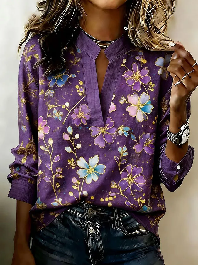 Women'S Purple Floral Printed Casual Top