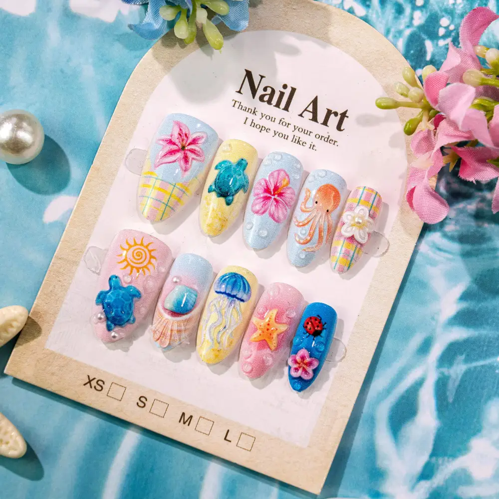 Nailhour 30Pcs Medium Almond Summer Hawaiian 3D Ocean Creatures Press On Nails