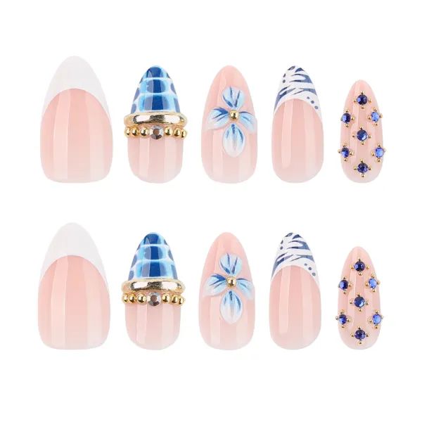 Nailhour 24Pcs Blue Rhinestone Medium Almond Press On Nails