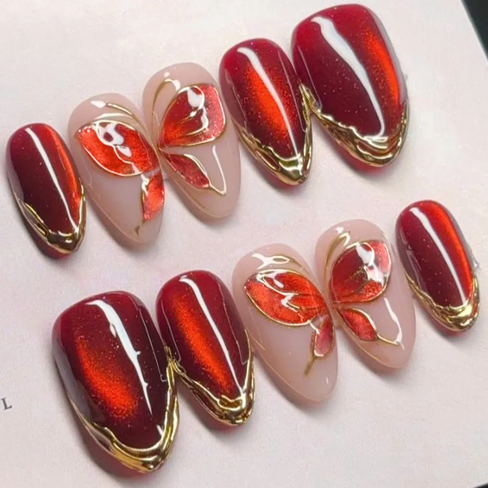 Nailhour 30Pcs Red Cat Eye Gilded Medium Almond Press On Nails