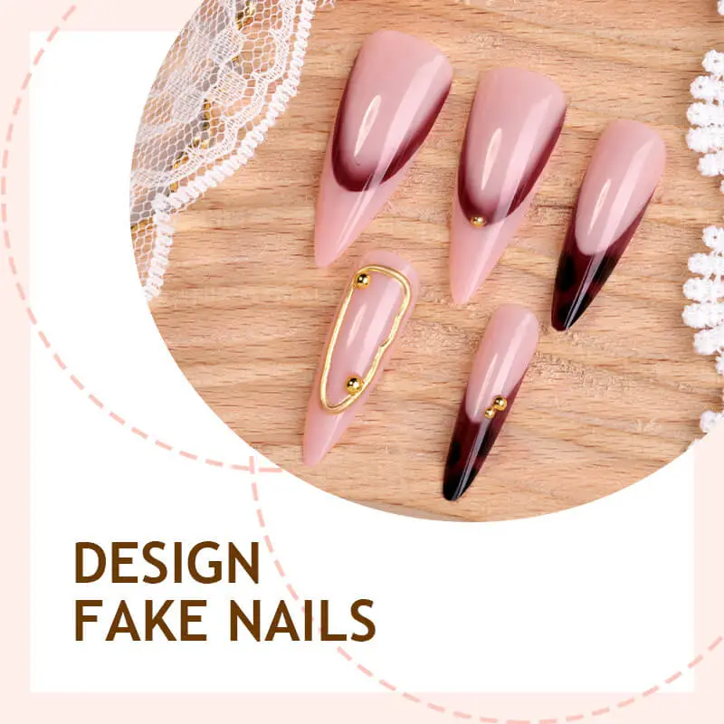 Nailhour 10Pcs French Long Almond Gilded Rhinestone Press On Nails