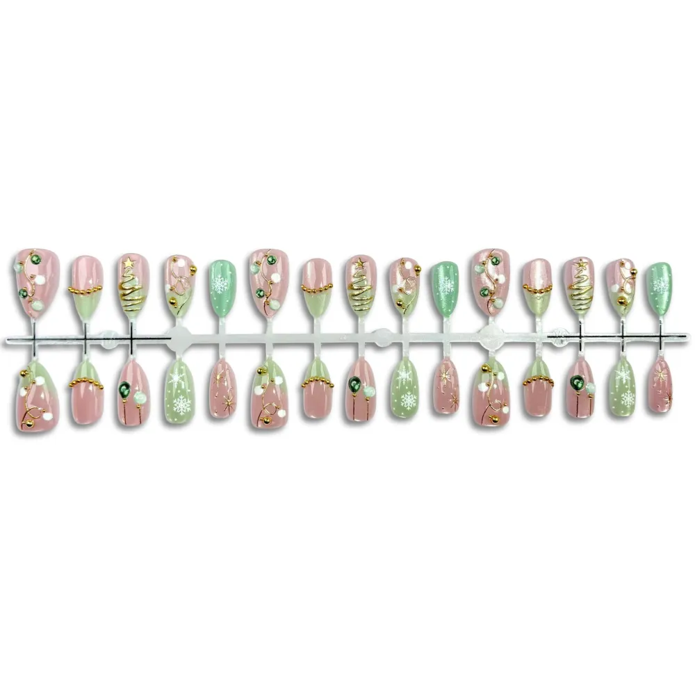 Nailhour 30Pcs Green 3D Medium Almond Christmas French Press On Nails