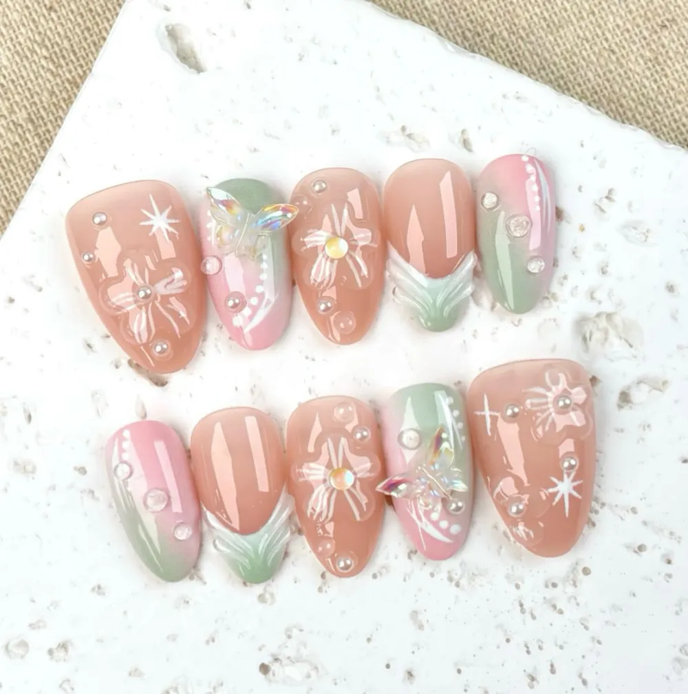 Nailhour 30Pcs Butterfly 3D Medium Almond French Bow Press On Nails