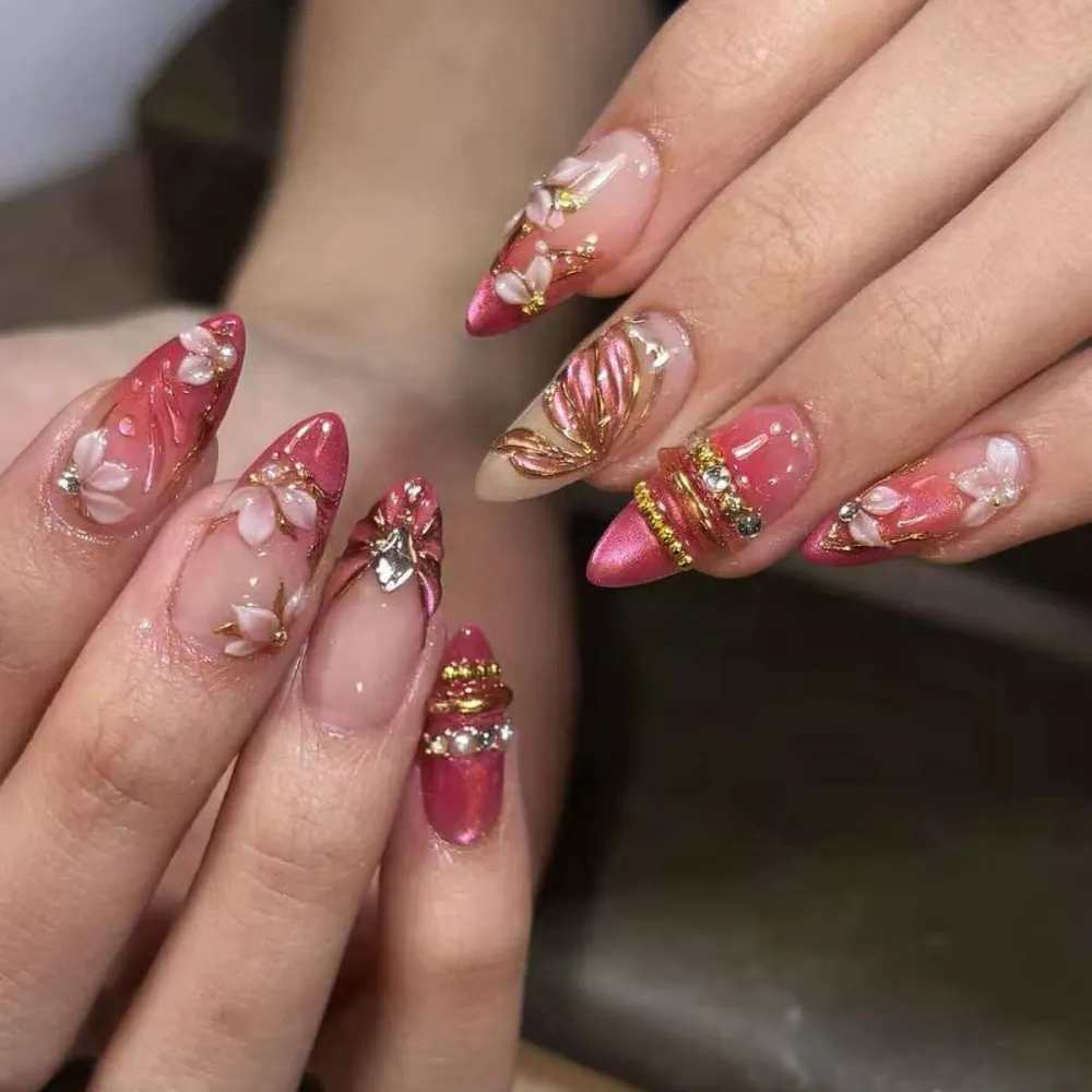Nailhour 30Pcs Pink Gradient Gilded 3D Cat Eye Medium Almond Press On Nails