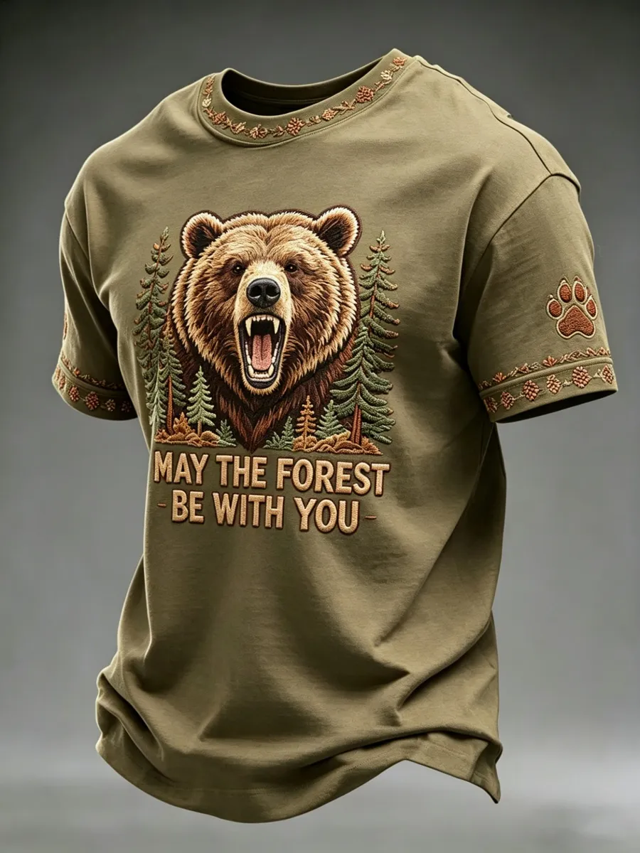 May The Forest Be With You & Bear Pattern Design Men's Casual T-Shirt
