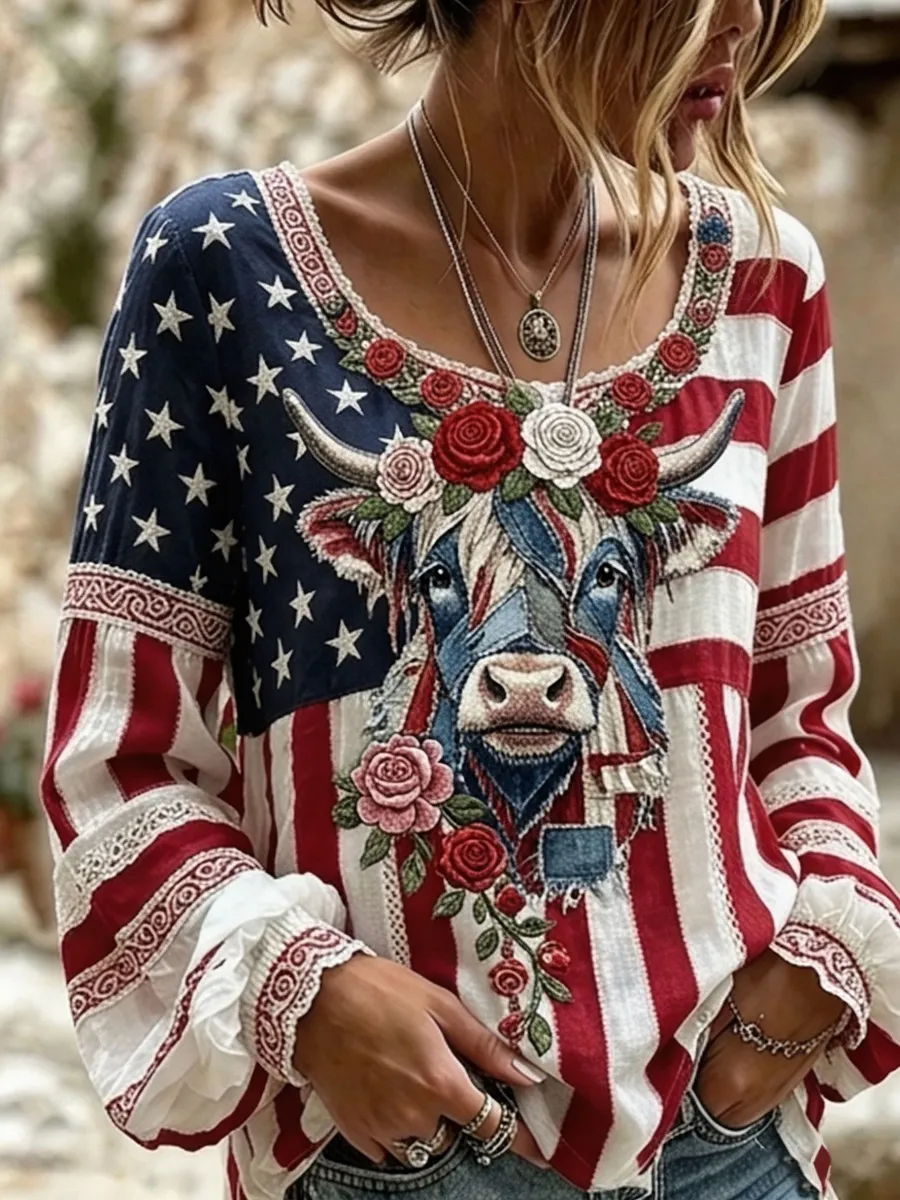 U.S. 250th Anniversary Highland Cow & Rose Patchwork Design Women's Linen Shirt
