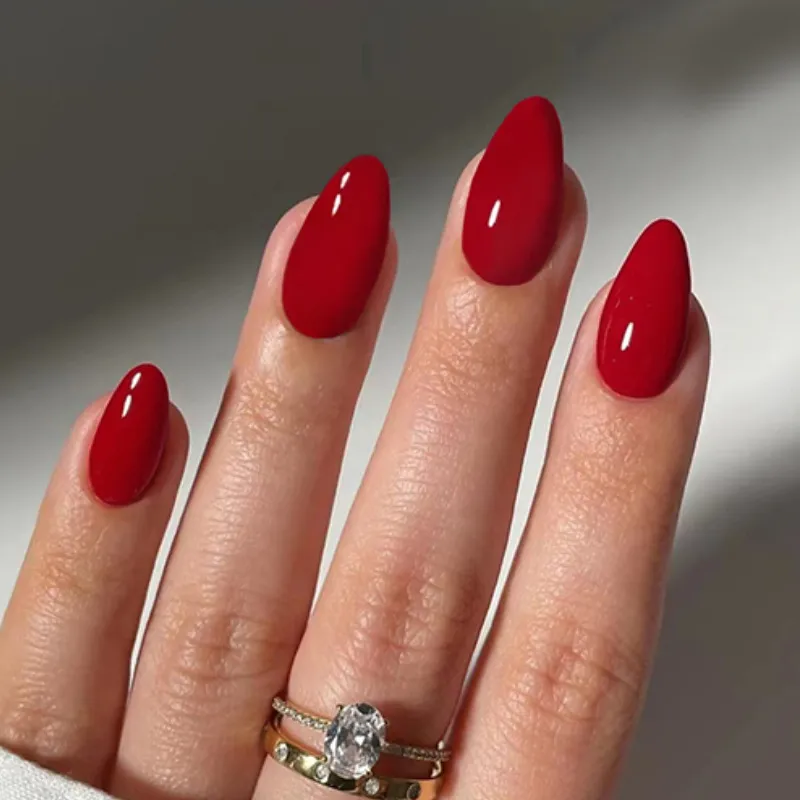 Nailhour Almond Medium Red Daily Office 30Pcs Press On Nails