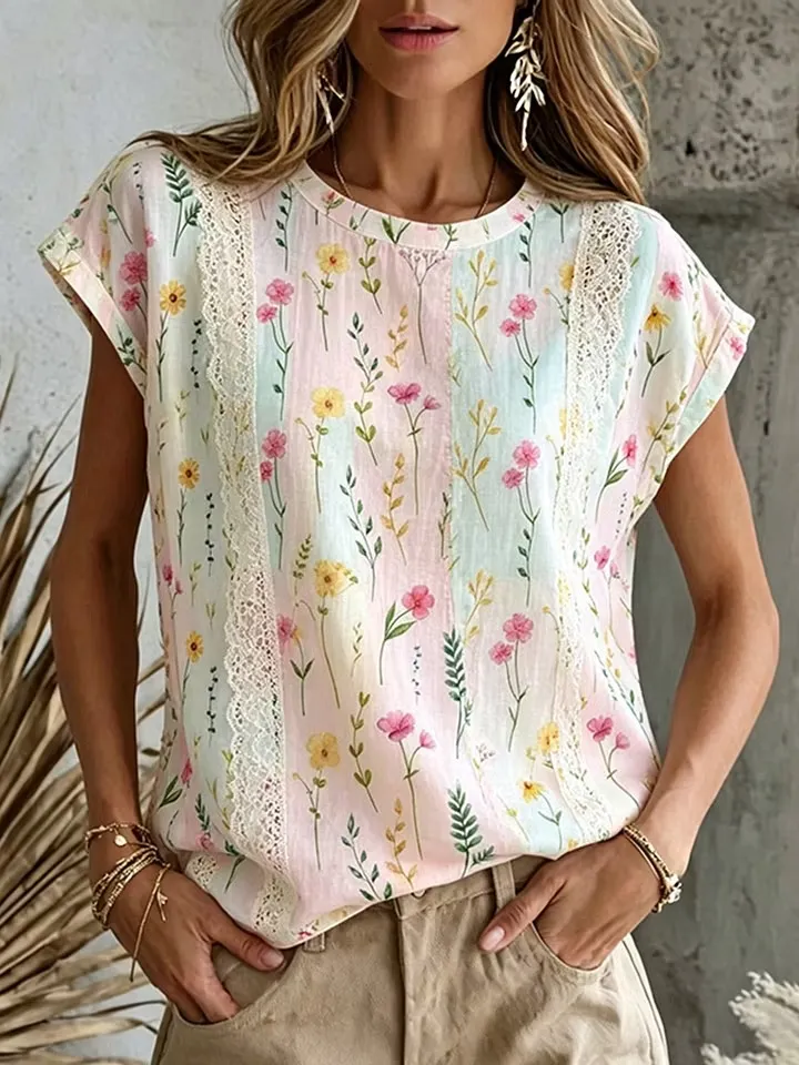 Women's Floral Art Lace Patchwork Casual Cotton Linen T-shirt