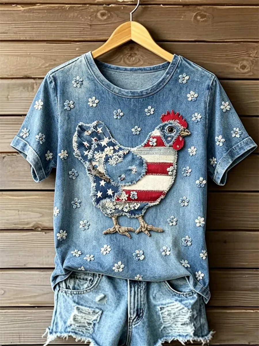 Lovely Chicken American Flag Patchwork Floral T Shirt
