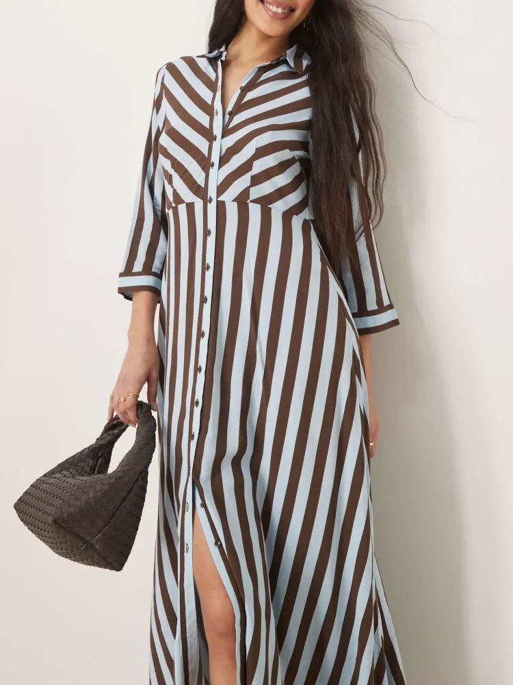 Contrast Color Striped Maxi Shirt Dress