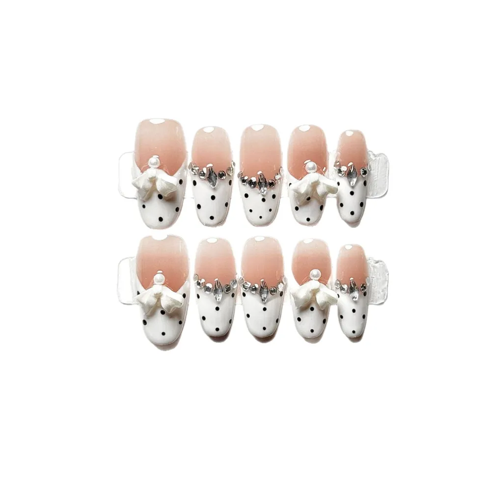 Nailhour 10Pcs Rhinestone Long Almond French Press On Nails