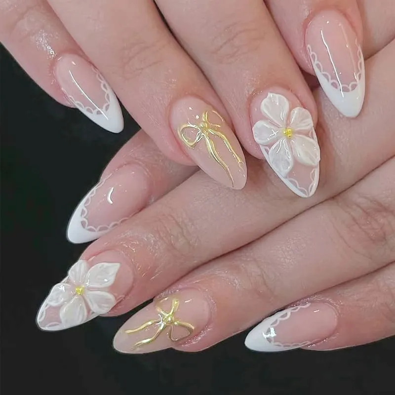 Nailhour 24Pcs Floral 3D Medium Almond French Press On Nails