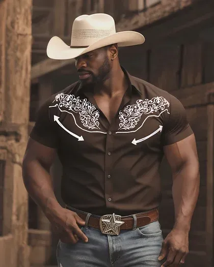 Men'S Western Style Daily Casual Textured Dark Short Sleeve Shirt
