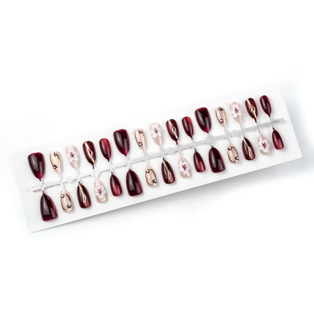 Nailhour 30Pcs Floral Red 3D Medium Almond French Press On Nails