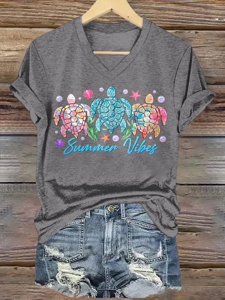 Women's Vibes Short Sleeves V-Neck Pure Cotton T-Shirt