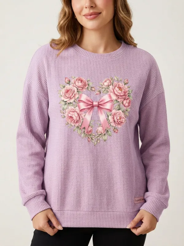 Women's Breast Cancer Awareness Pink Rose Heart Bow Printed Waffle Sweatshirt