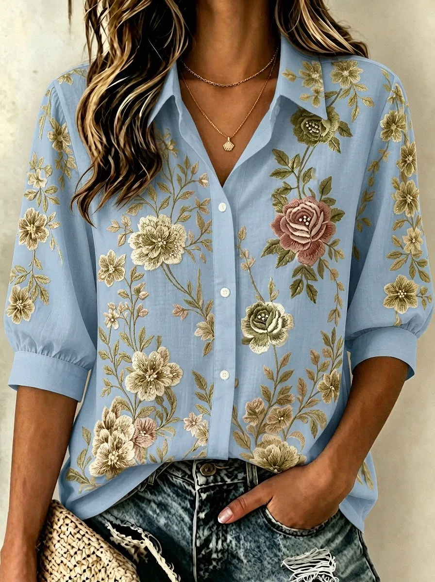 Women's Breast Cancer Awareness Floral Rose Printed Button-up Shirt