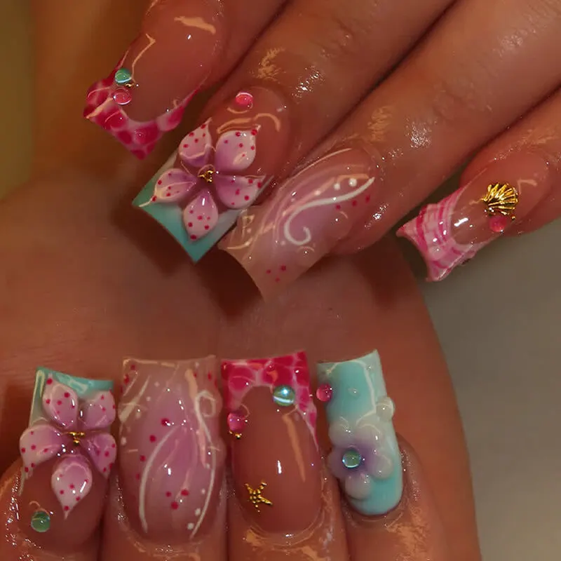 Nailhour 24Pcs 3D Floral Medium Square Press On Nails