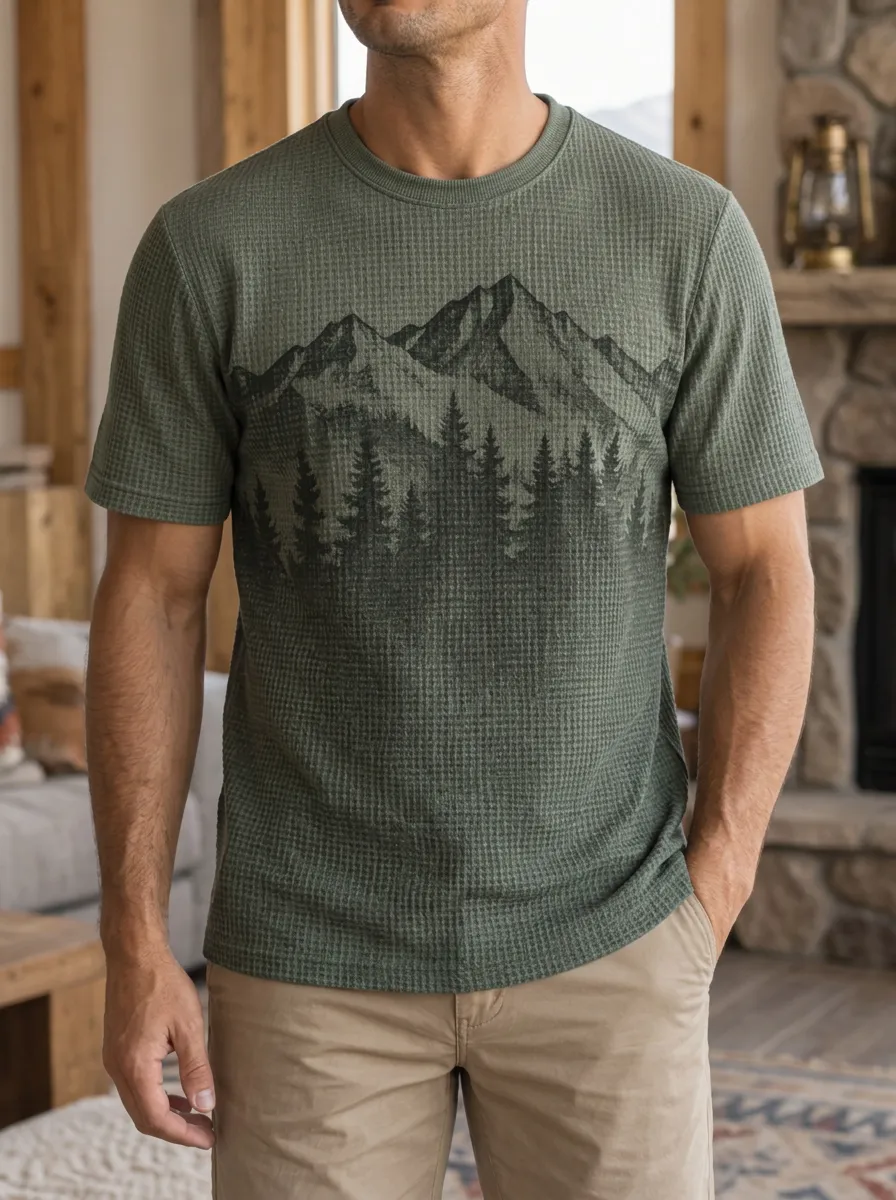 Men's Nature Outdoor Lover Mountain Forest Waffle Everyday Crew Neck T-Shirt