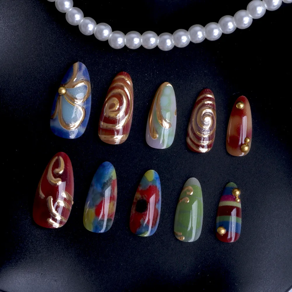 Nailhour Colorful Pattern Spiral Oil Painting Artistic Multicolor 24 Pcs Almond Fake Nails