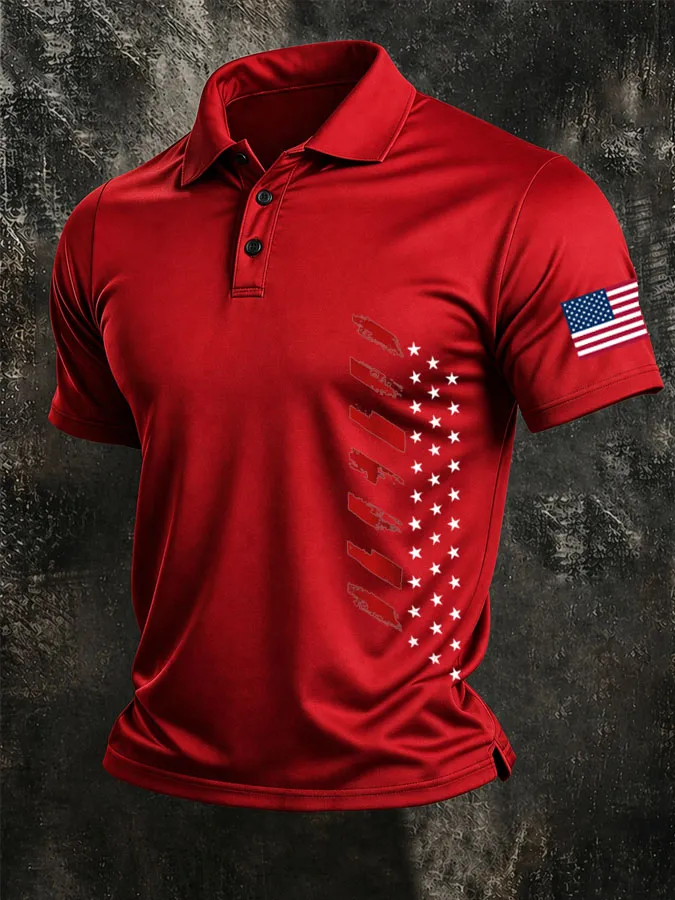 Men'S American Flag Print Casual Polo Shirt