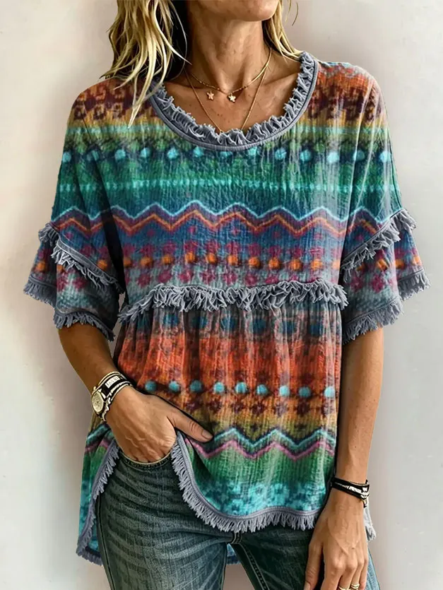 Women's Floral Print Round Neck Fringe Top