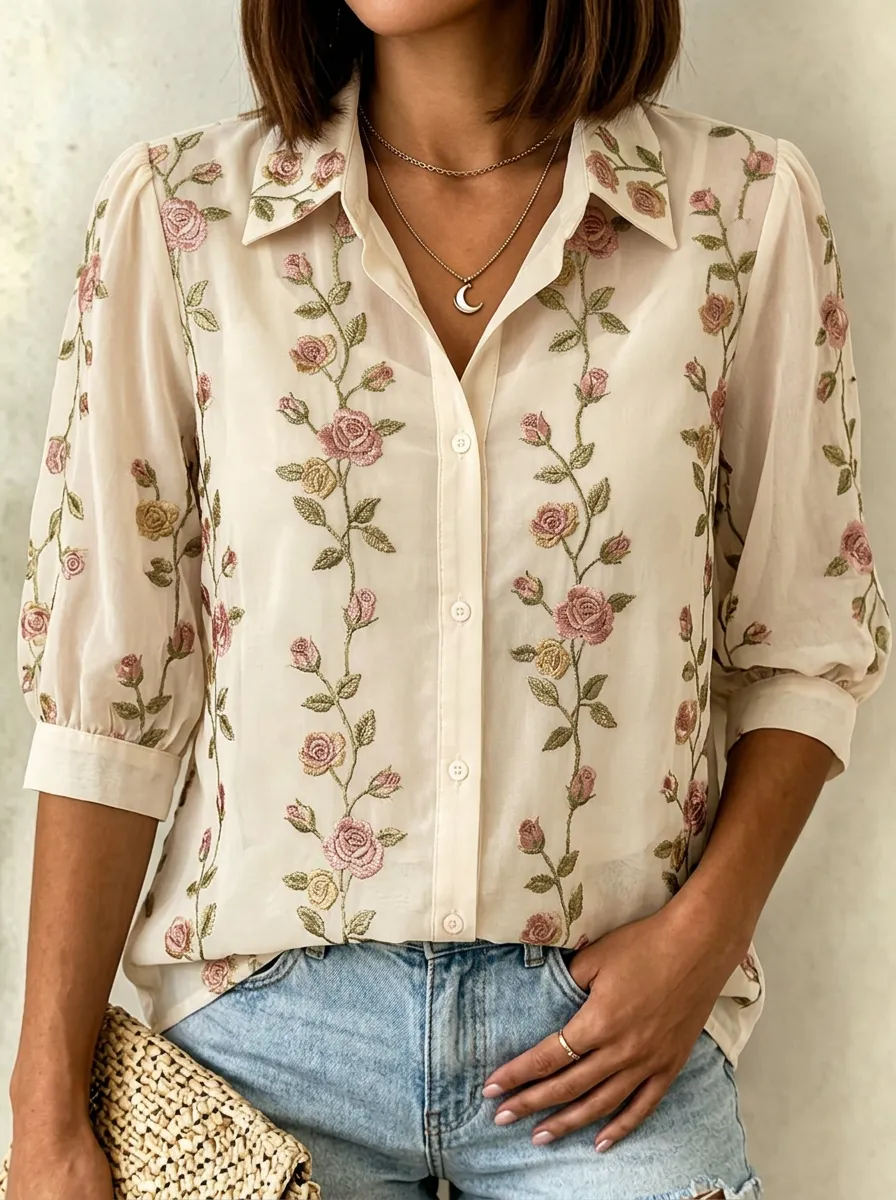 Women's Breast Cancer Awareness Pink Rose Floral Embroidered Button-up Shirt