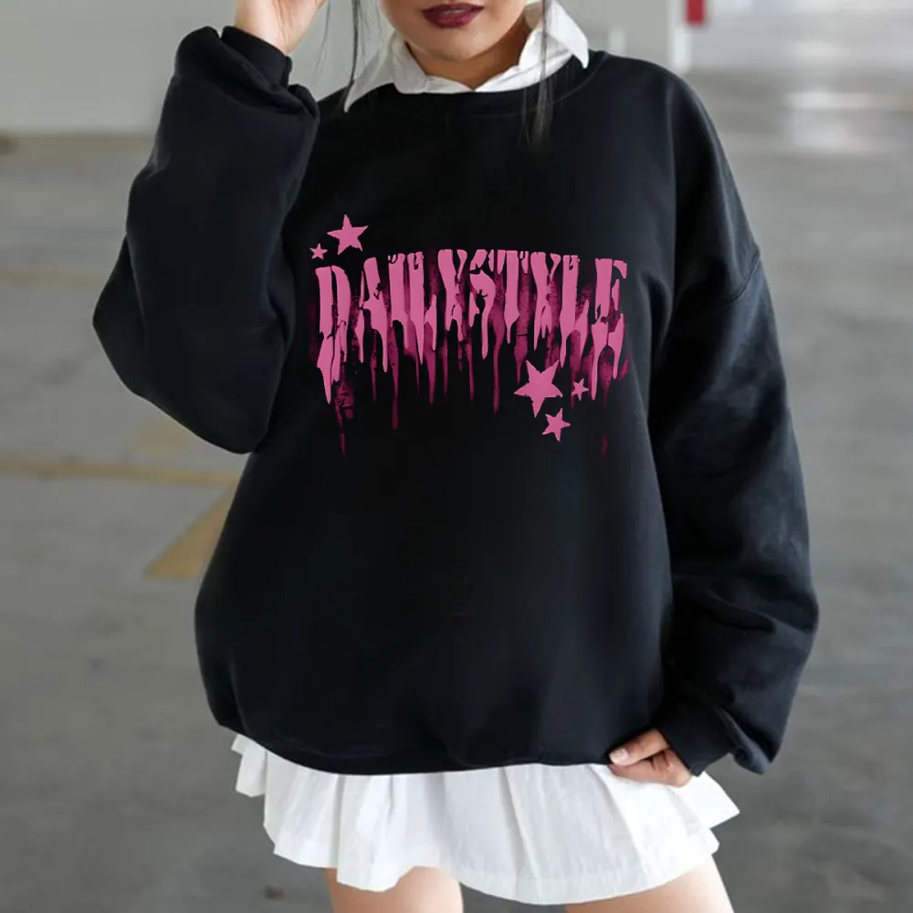 Pink Slogan And Pink Star Crew Neck Hoodies