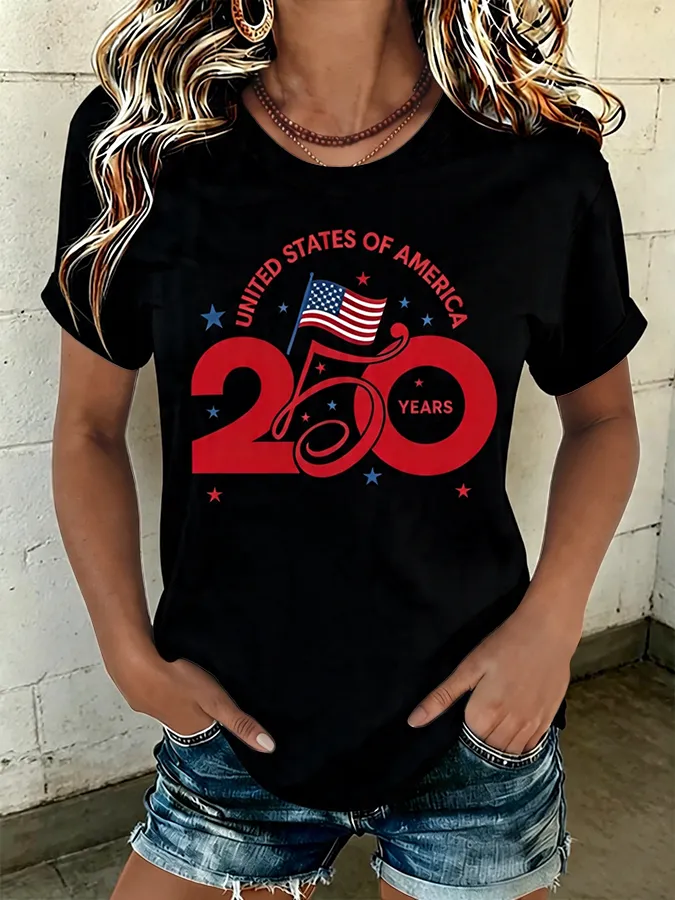 250 Years USA Independence Flag Graphic Casual Crew Neck T-Shirt