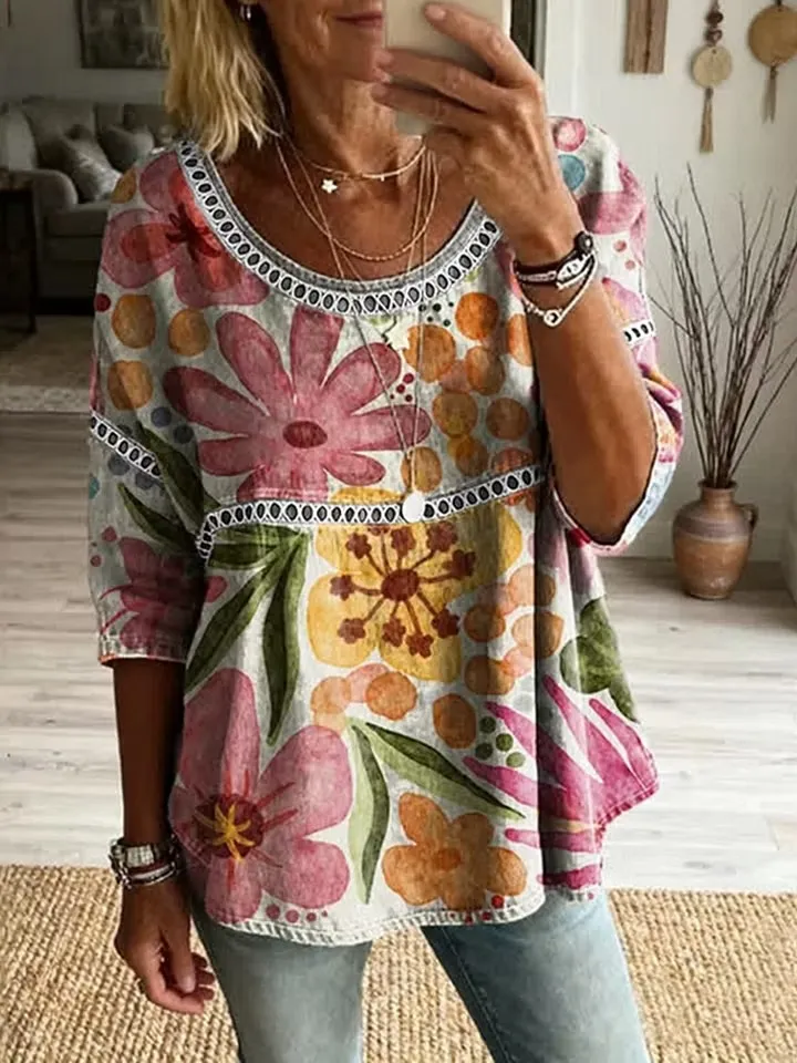 Women's Retro Floral Art Pattern Cotton Linen Casual Round Neck T-Shirt