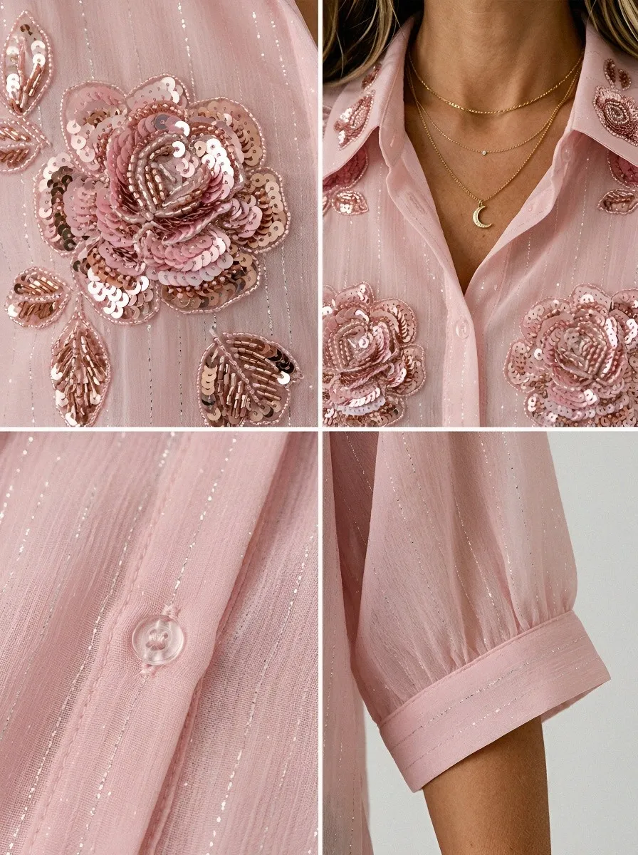 Women's Breast Cancer Awareness Pink Rose Sequin Embroidered Printed Shirt