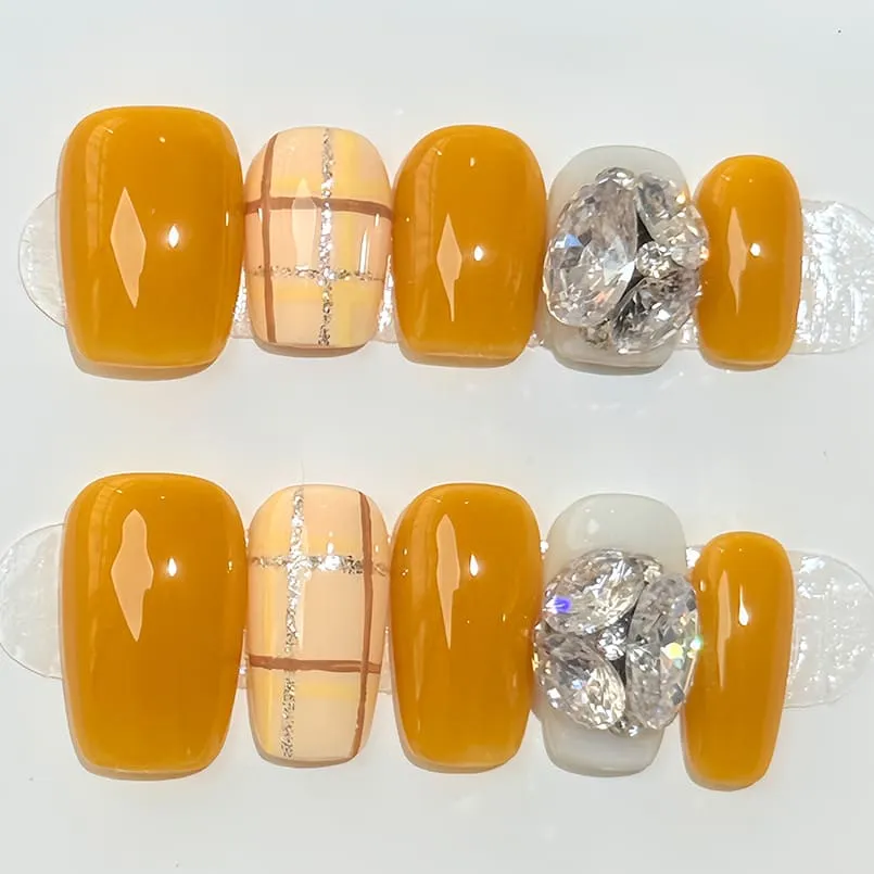 Nailhour 10Pcs Yellow Minimalist Cat Eye French Medium Square Press On Nails