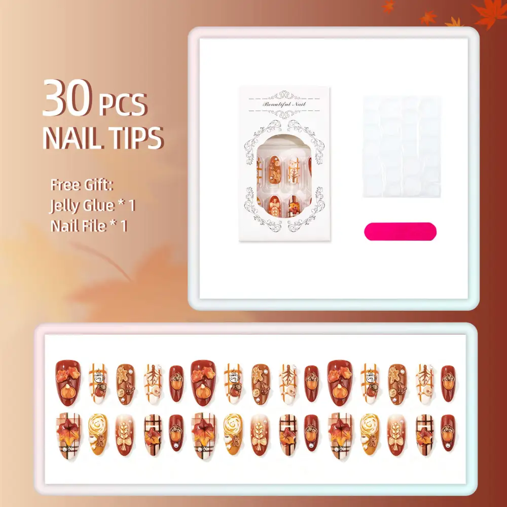Nailhour 30Pcs Vintage 3D Rhinestone Medium Almond Press On Nails