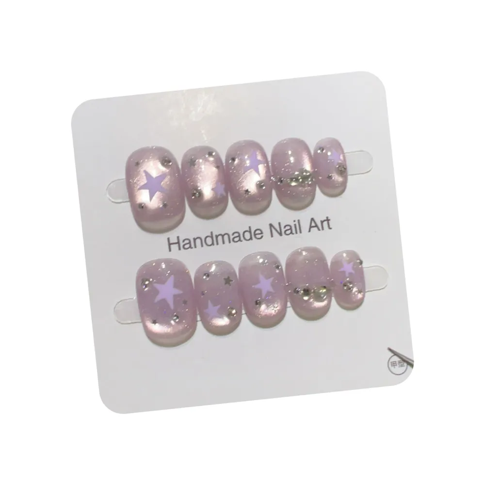Nailhour 10Pcs Purple Rhinestone Cat Eye Short Squoval Press On Nails